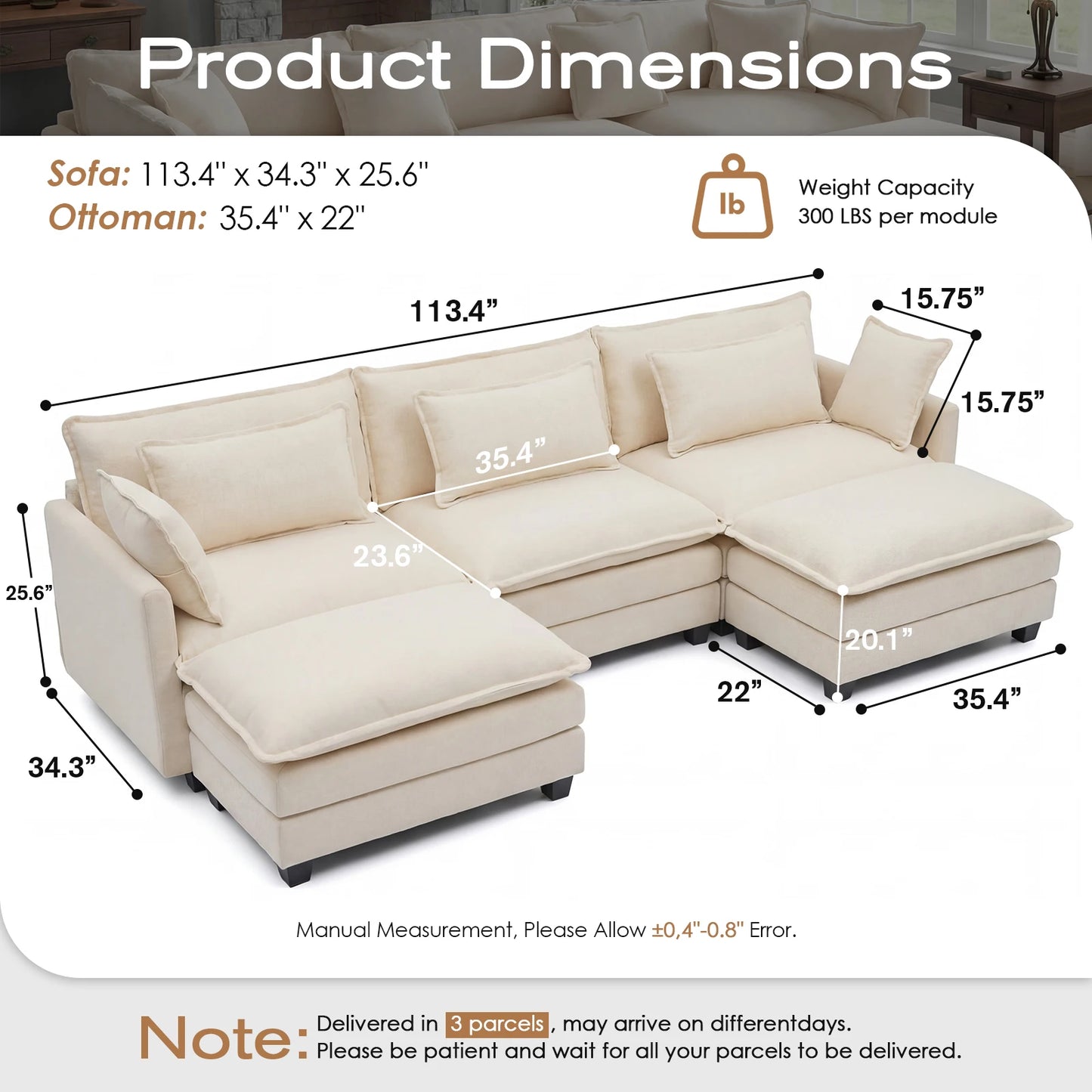 Redlife Modular Sectional Sofa With Ottoman And Solid Wood Frame