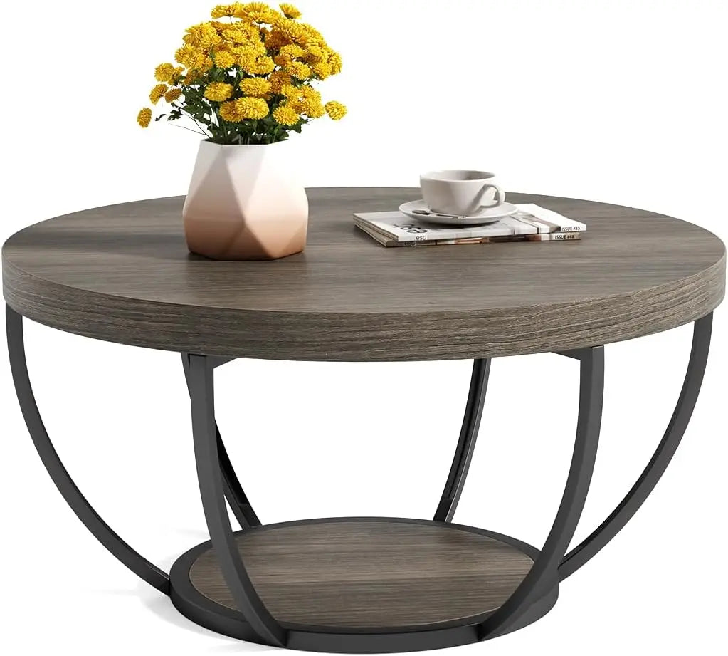 Little Tree Circle Marble Coffee Table With Two-Tier Open Storage