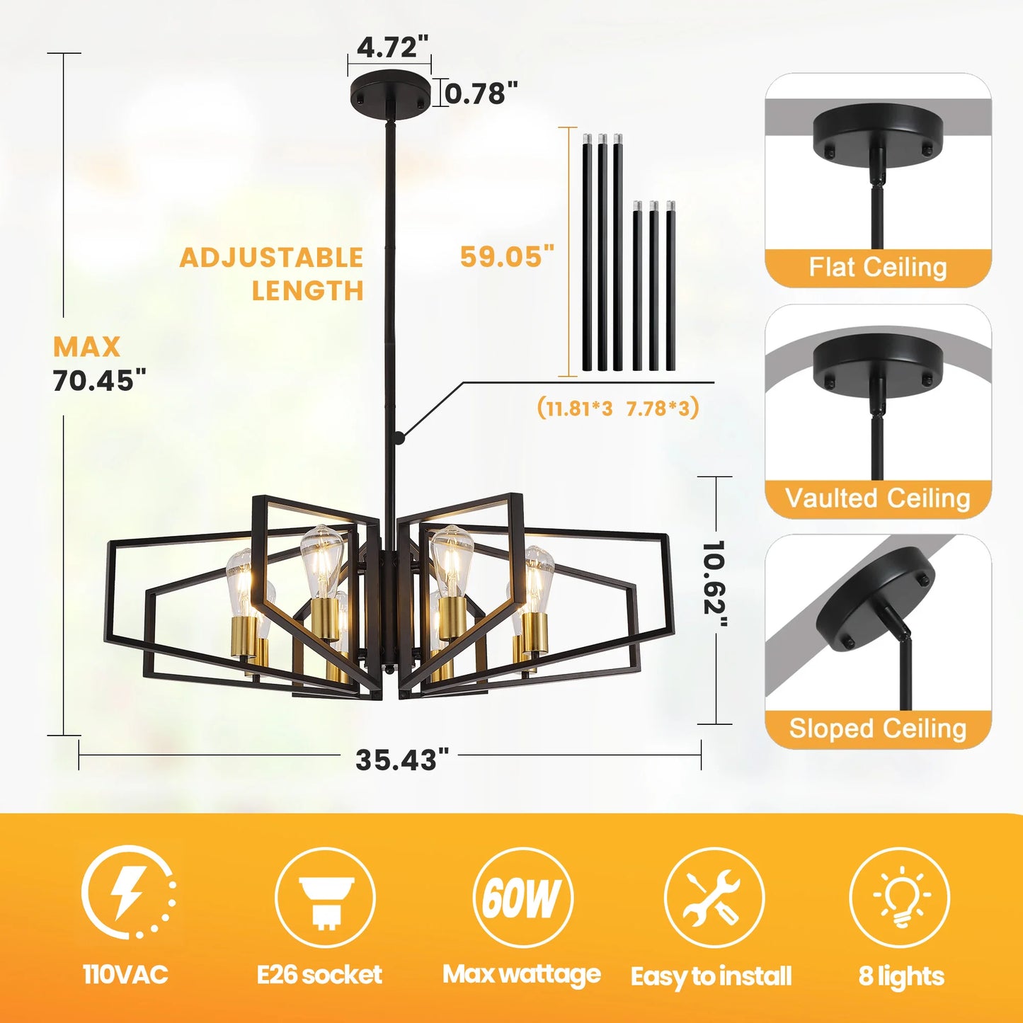 Modern 8 Light Geometric Chandelier Adjustable Height Metal Pendant