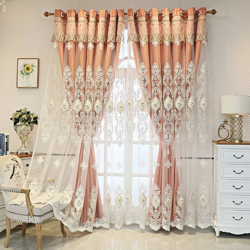 Luxury Vintage Embroidered Curtains With Relief Pattern Dual Layer Privacy