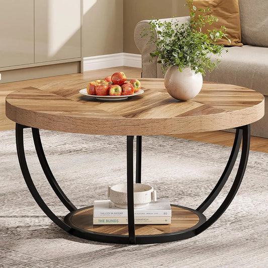 Little Tree Circle Marble Coffee Table With Two-Tier Open Storage