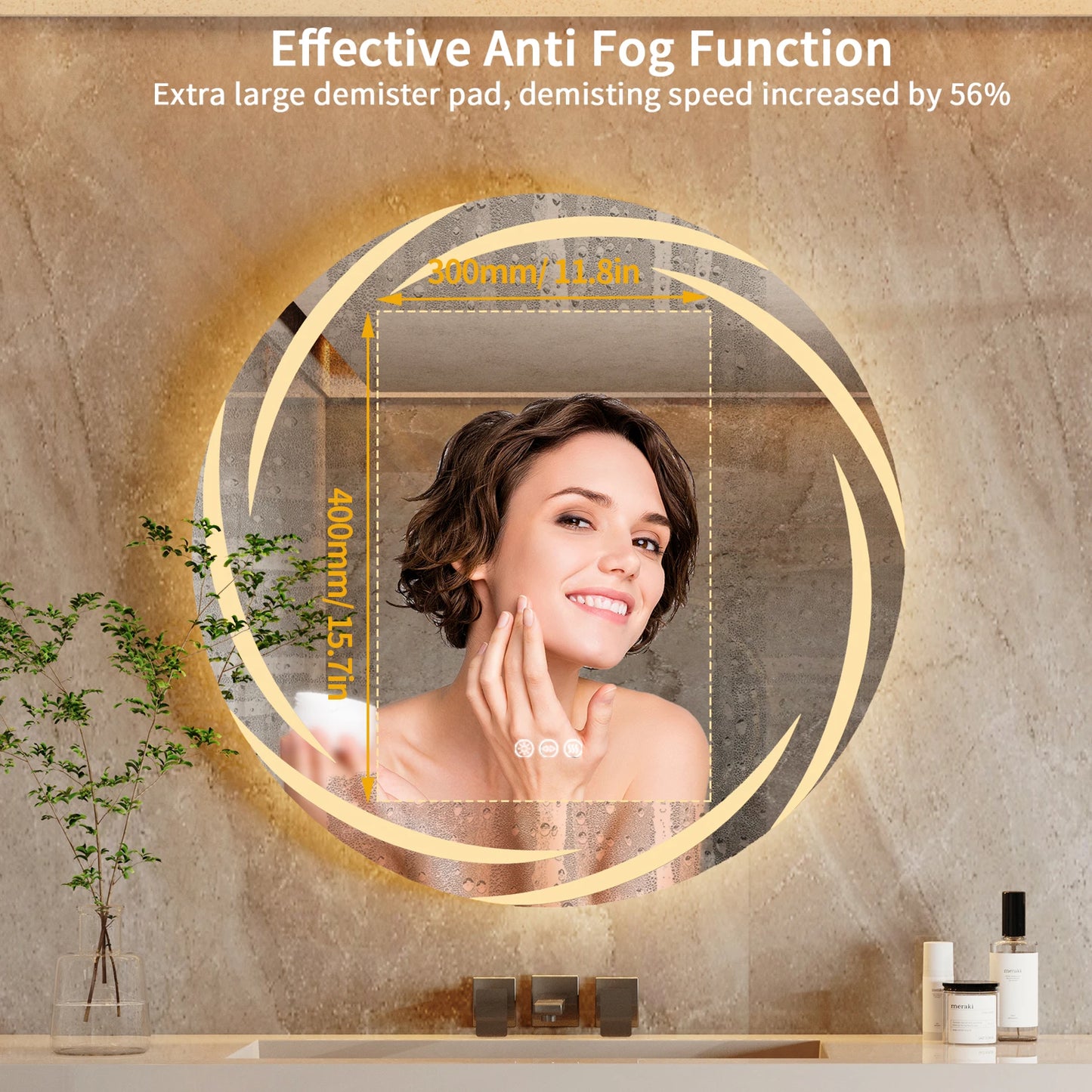 LED Round Anti-Fog Backlit Vanity Mirror Shatterproof 3 Color Lights