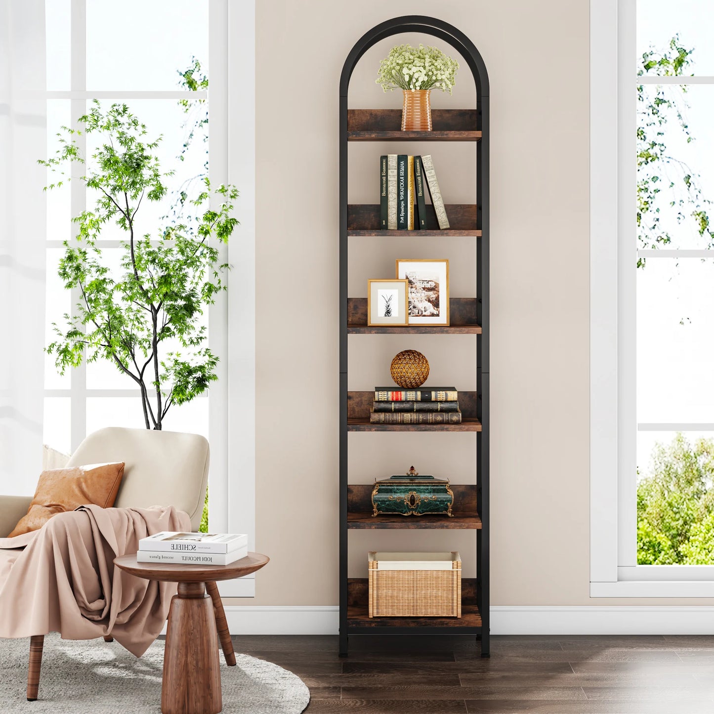 Little Tree 6-Tier Corner Arched Bookcase Freestanding Display Shelves