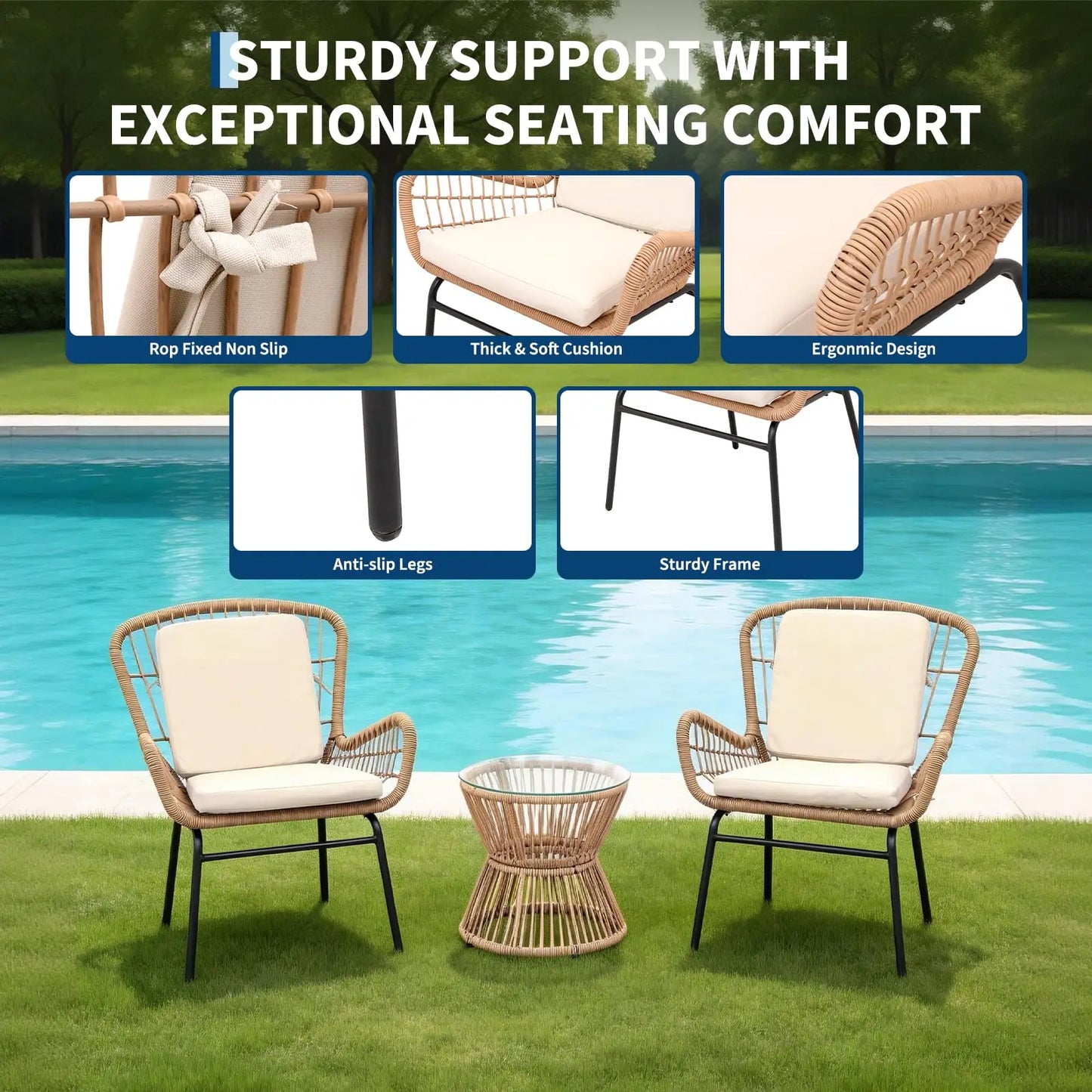 HobbyLane Boho 3 Piece Patio Set With Glass Table Chairs