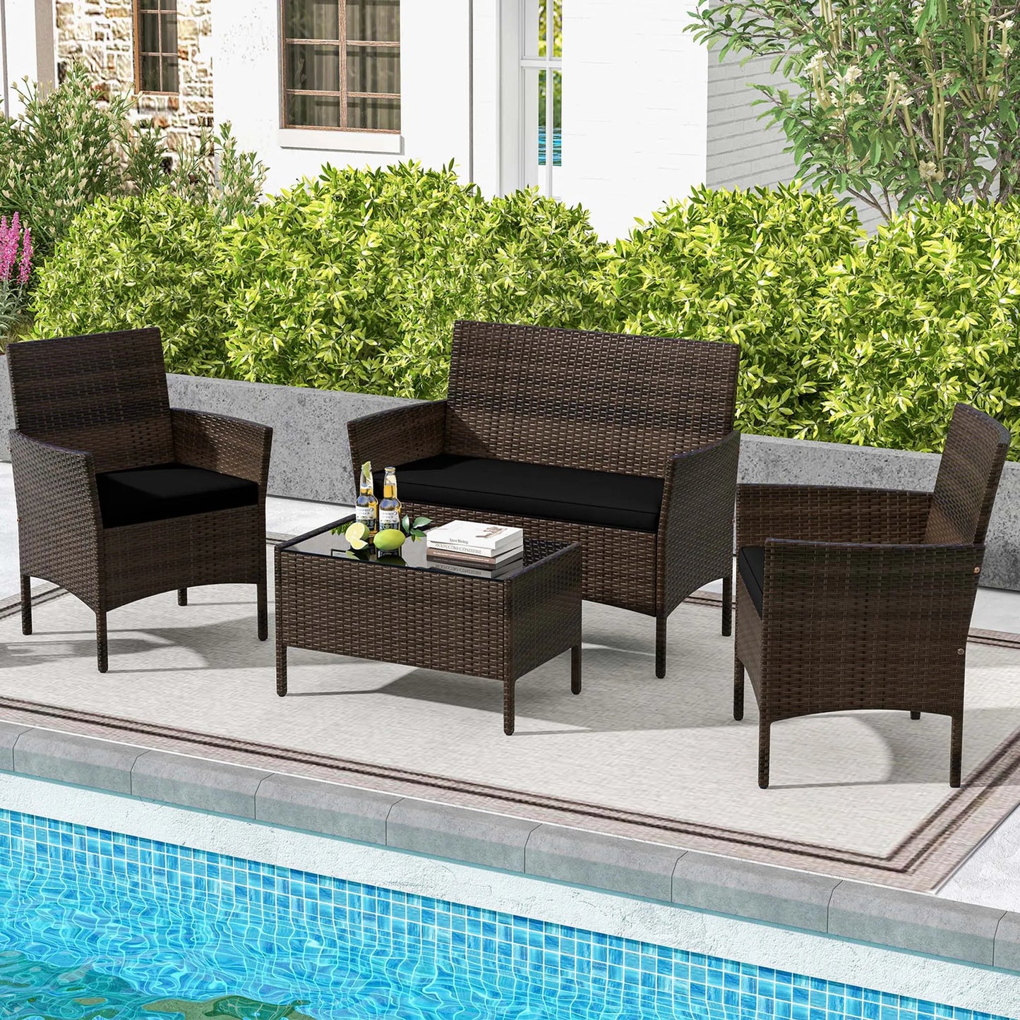 HOMASIS Rattan Furniture Set With Washable Cushions And Tempered Glass Table