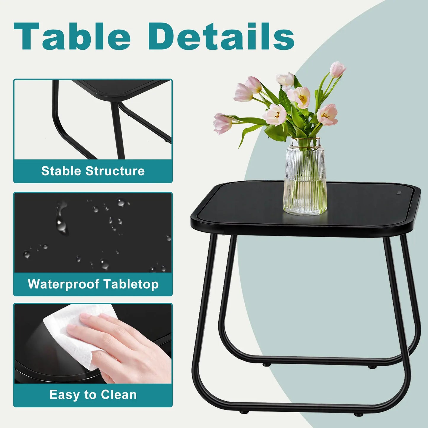 JHK 3 Piece Patio Set With Table Outdoor Metal Frame Lumbar Support