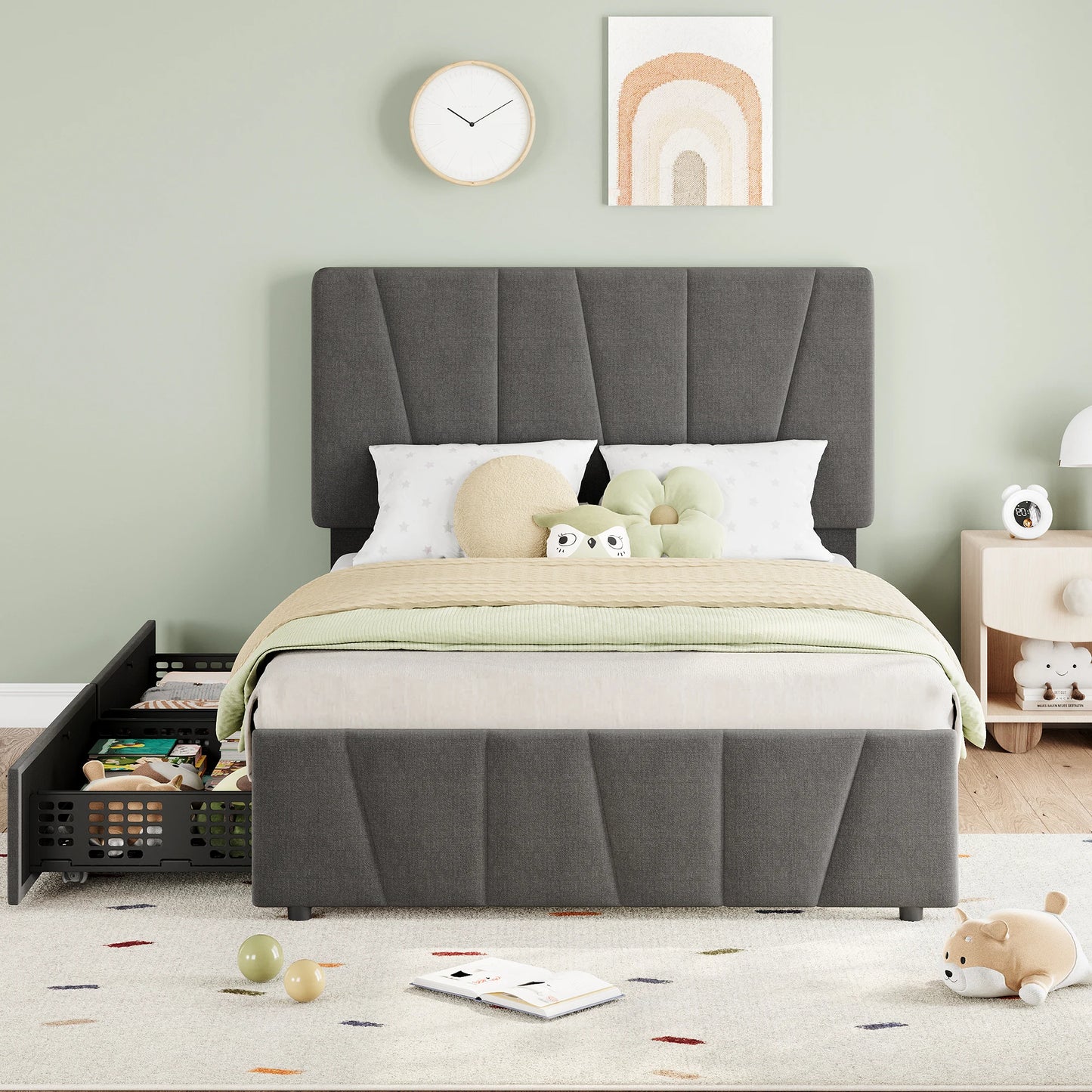 HiMISS Upholstered Bed Frame With Adjustable Headboard And Storage Drawers