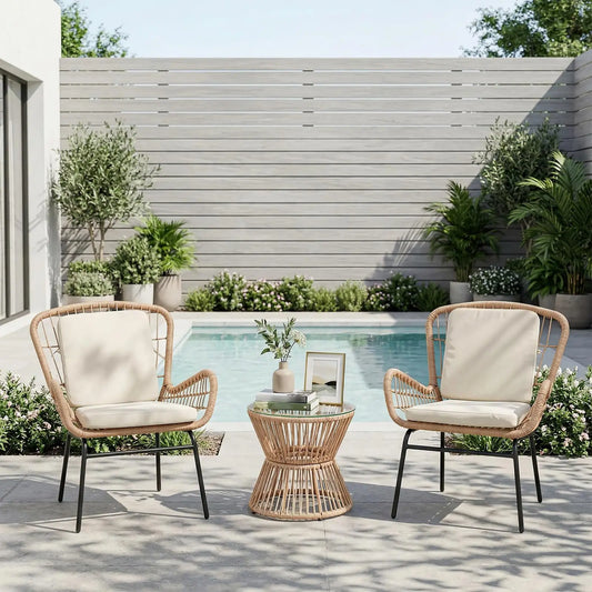 HobbyLane Boho 3 Piece Patio Set With Glass Table Chairs