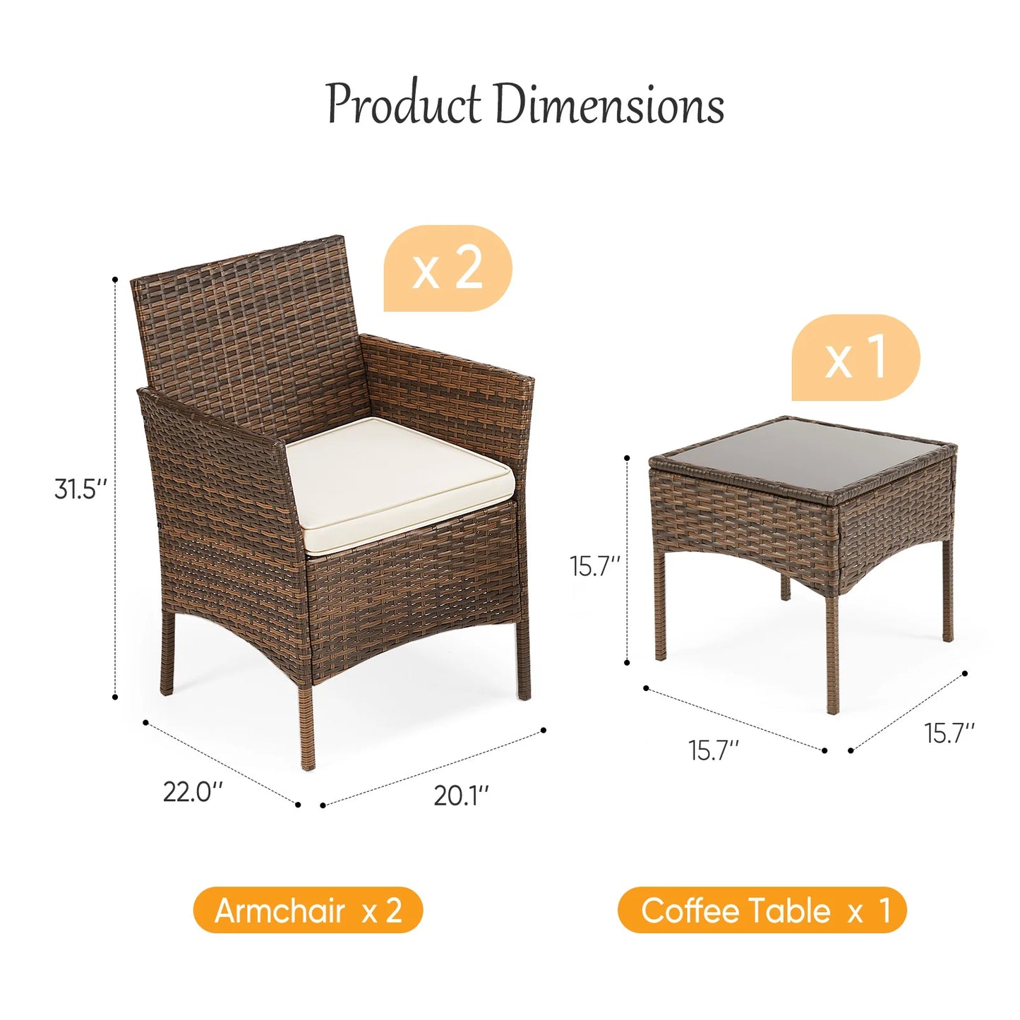 JHK Patio 3 Piece Wicker Furniture Set With Glass Table