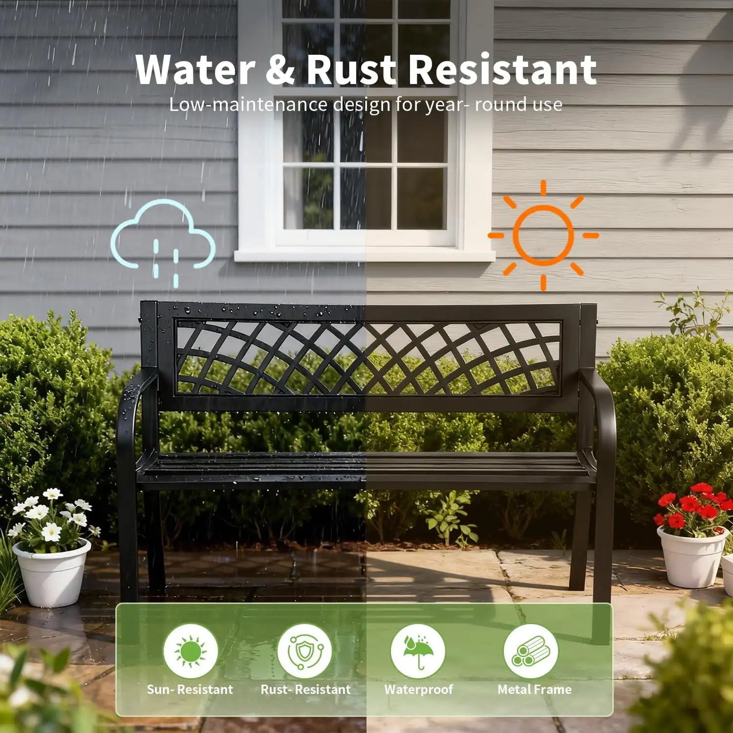 Outdoor Bench With Armrests Cast Iron Steel Frame For Patio