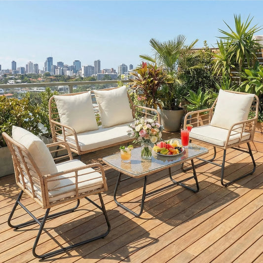 JHK Outdoor Wicker Patio Set 4-Piece With Cushions Glass Table