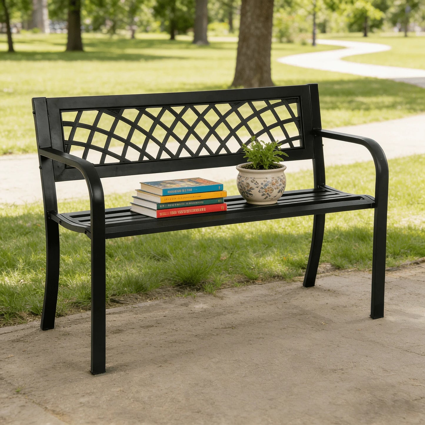 Outdoor Bench With Armrests Cast Iron Steel Frame For Patio