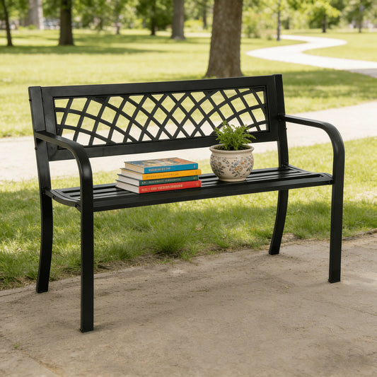 Outdoor Bench With Armrests Cast Iron Steel Frame For Patio
