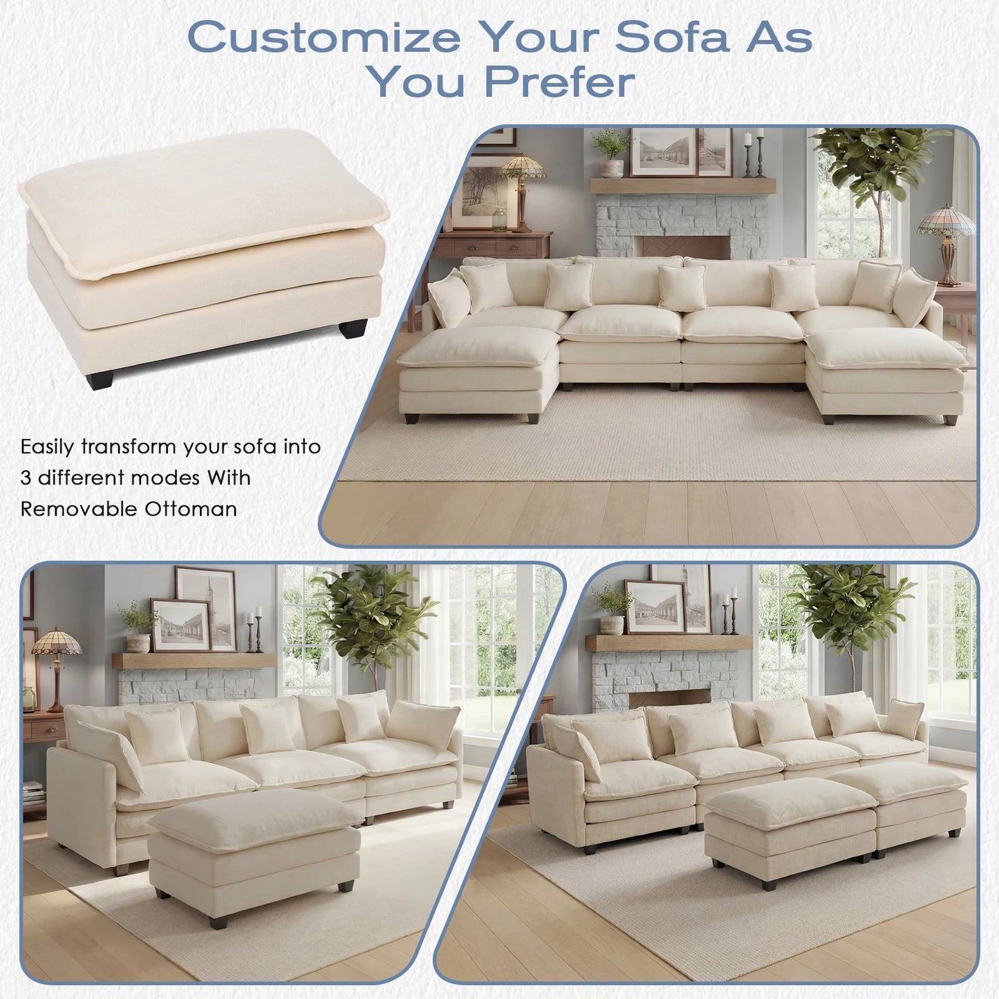 Redlife Modular Sectional Sofa With Ottoman And Solid Wood Frame