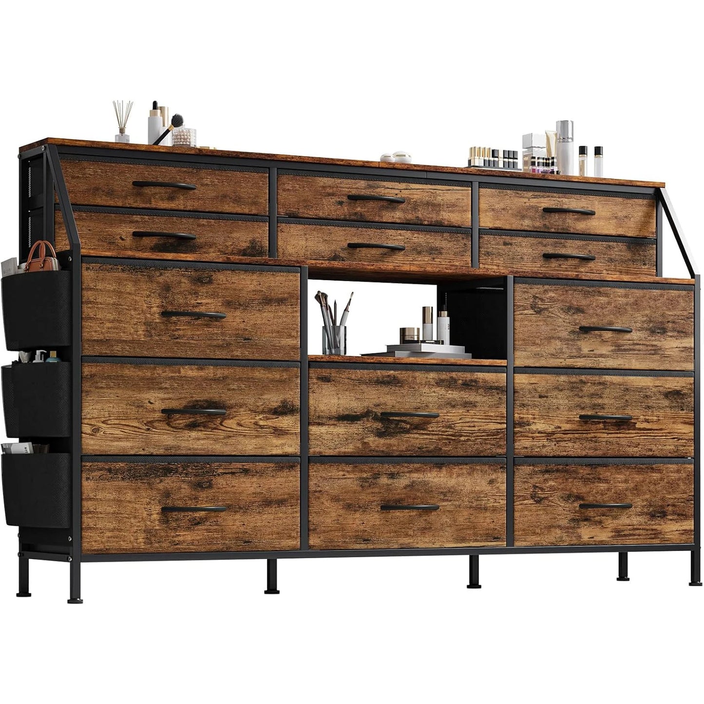 TWISTER.CK 14 Drawer Fabric Dresser With Wooden Top And Metal Frame