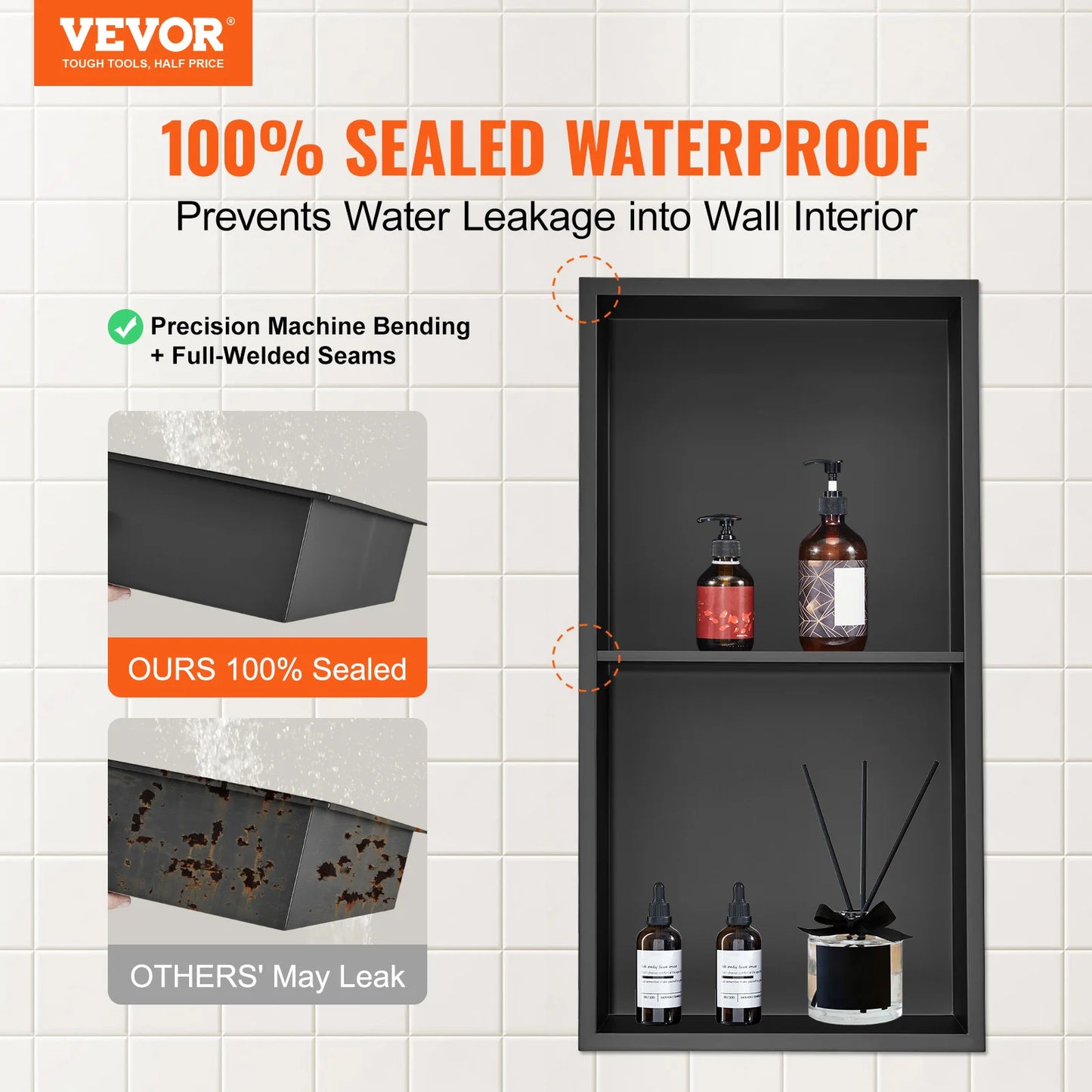 SucceBuy No Tile Shower Niche 304 Stainless Steel Wall Inserted Double Shelves