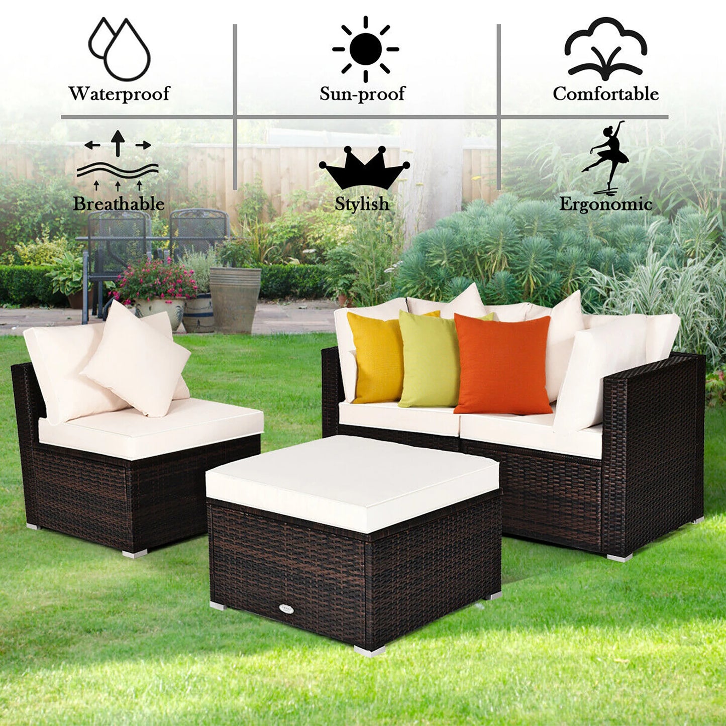 HOMASIS 4-Piece Patio Rattan Sofa Set With Cushions And Ottoman