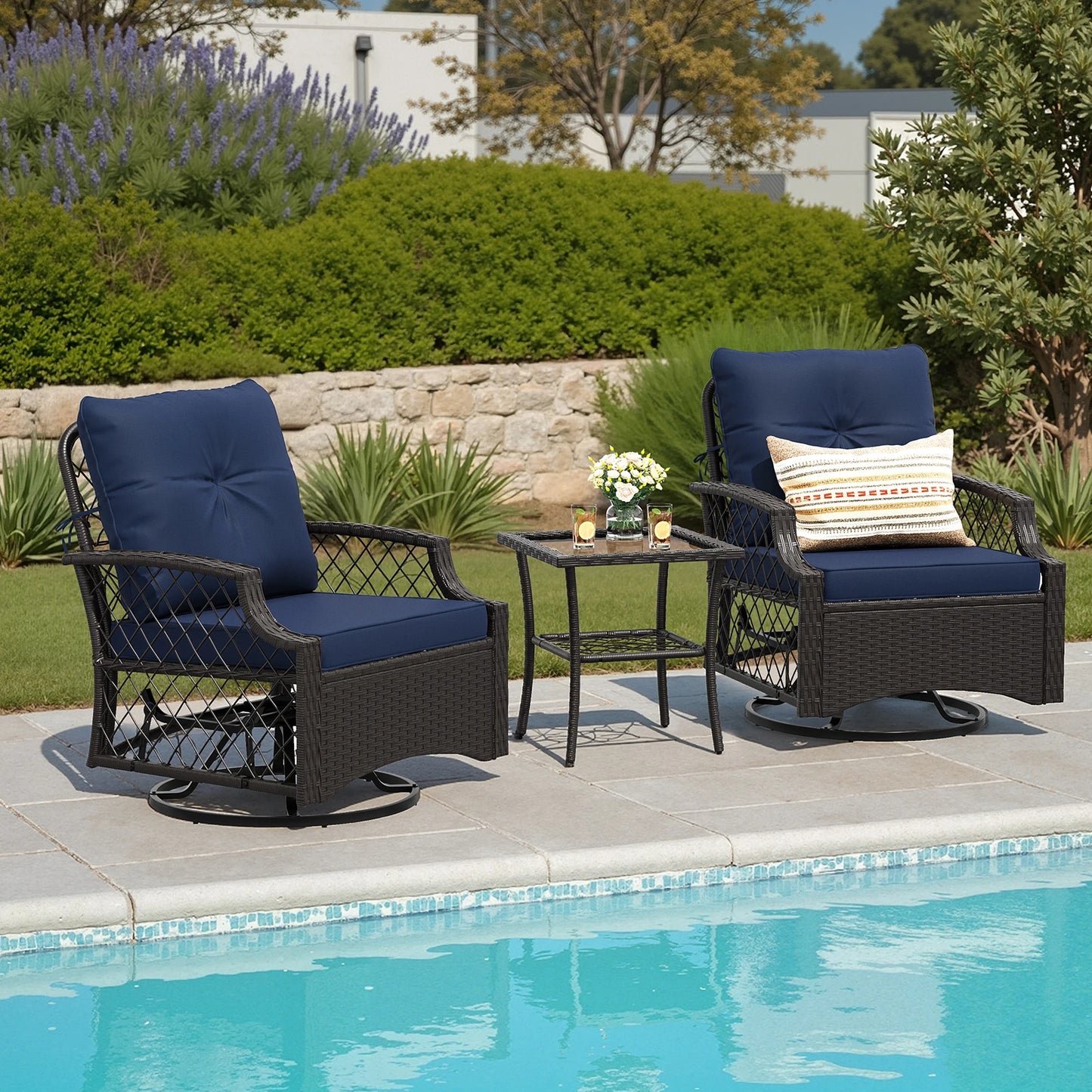 Three Piece Swivel Patio Bistro Set With Cushions Outdoor All Weather Rattan
