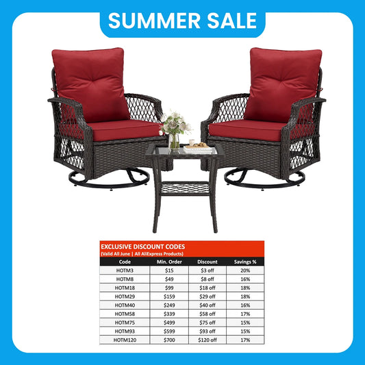 Three Piece Swivel Patio Bistro Set With Cushions Outdoor All Weather Rattan