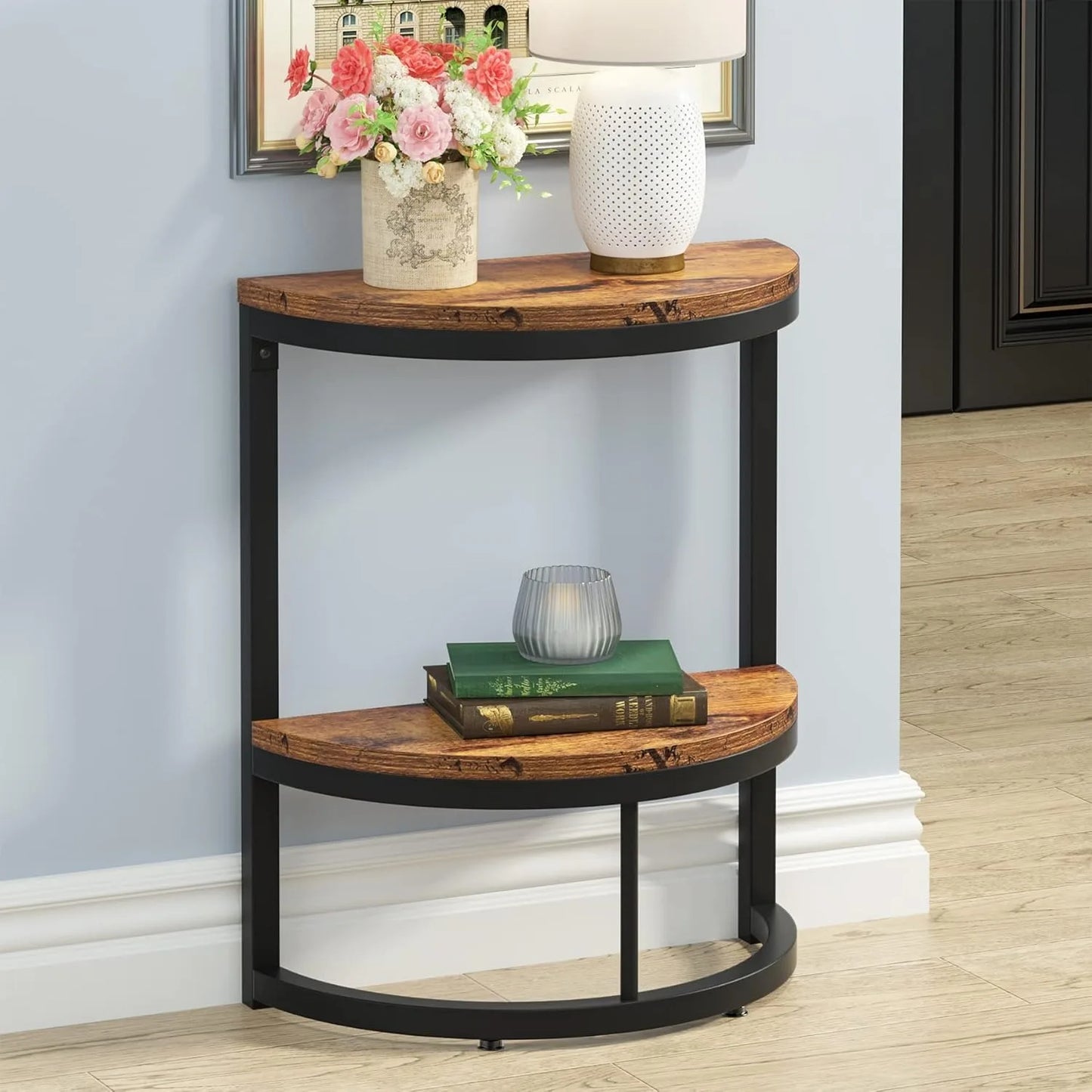 Little Tree Two Tier End Table Semi Circle With Storage Shelf
