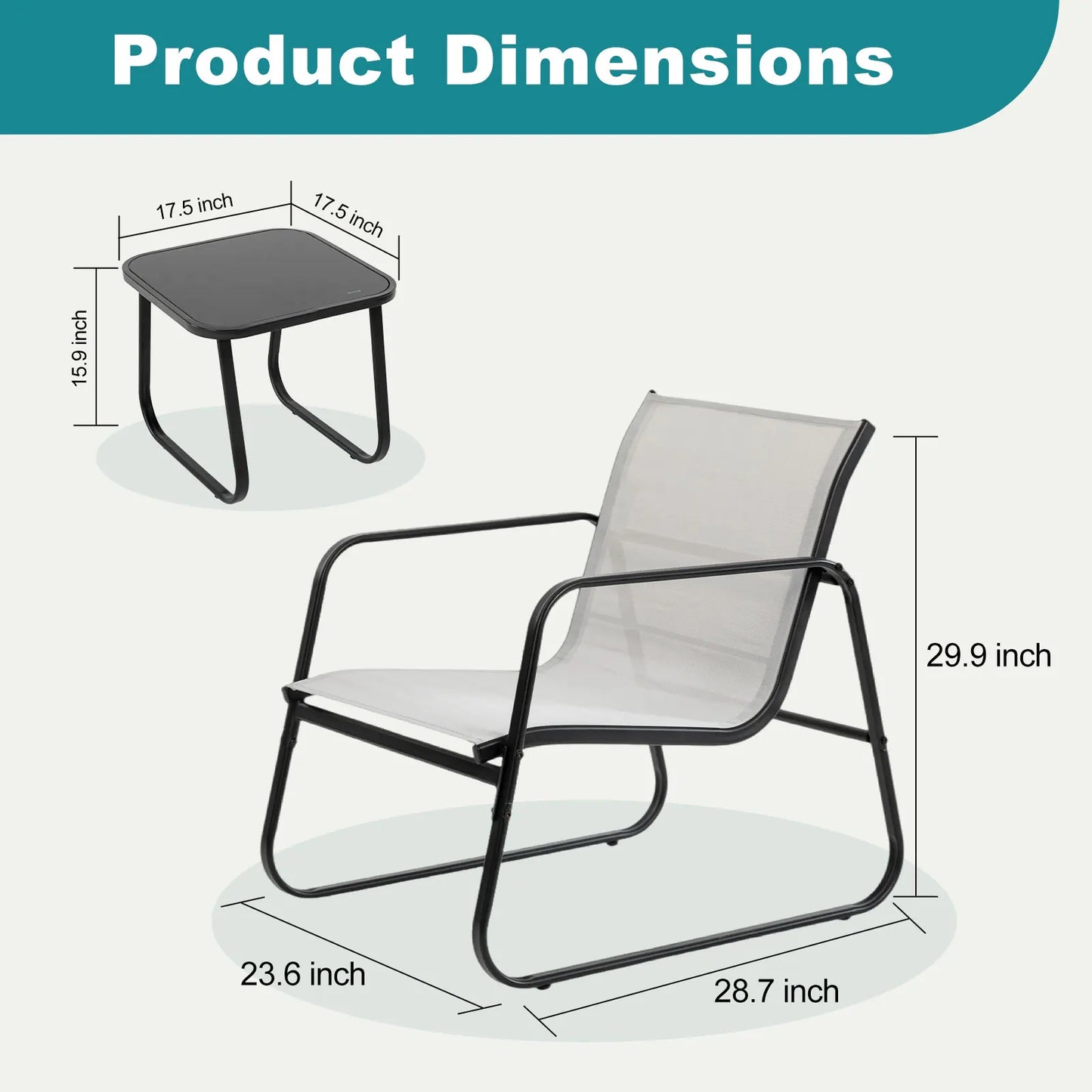 JHK 3 Piece Patio Set With Table Outdoor Metal Frame Lumbar Support