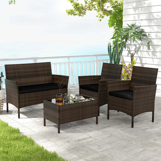 HOMASIS Rattan Furniture Set With Washable Cushions And Tempered Glass Table