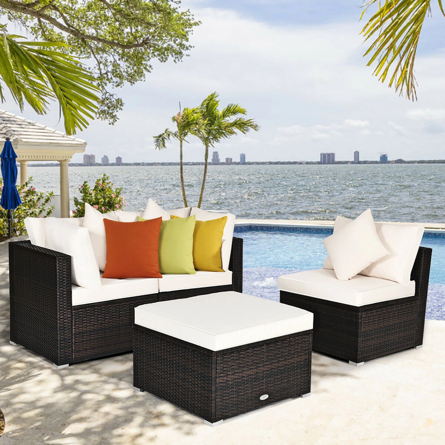 HOMASIS 4-Piece Patio Rattan Sofa Set With Cushions And Ottoman