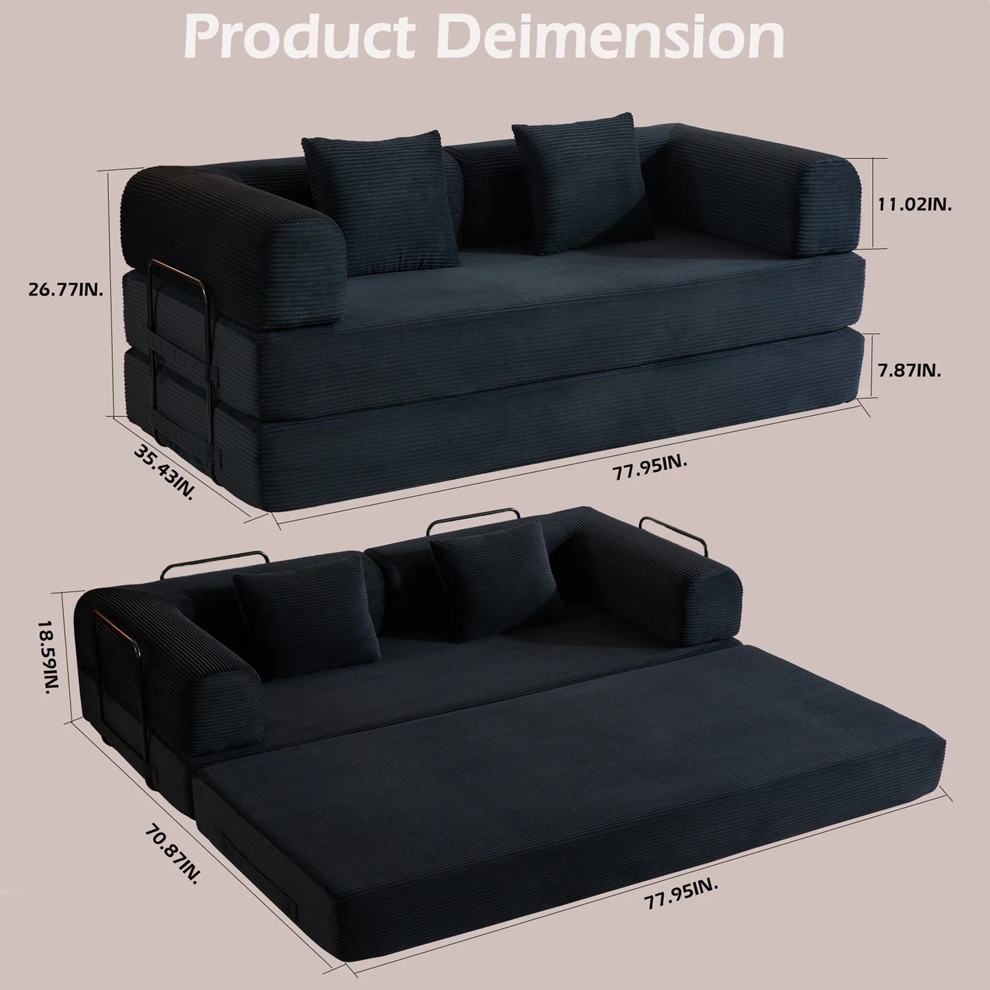 THOLASIS Velvet Folding Convertible Sofa Bed For Small Spaces