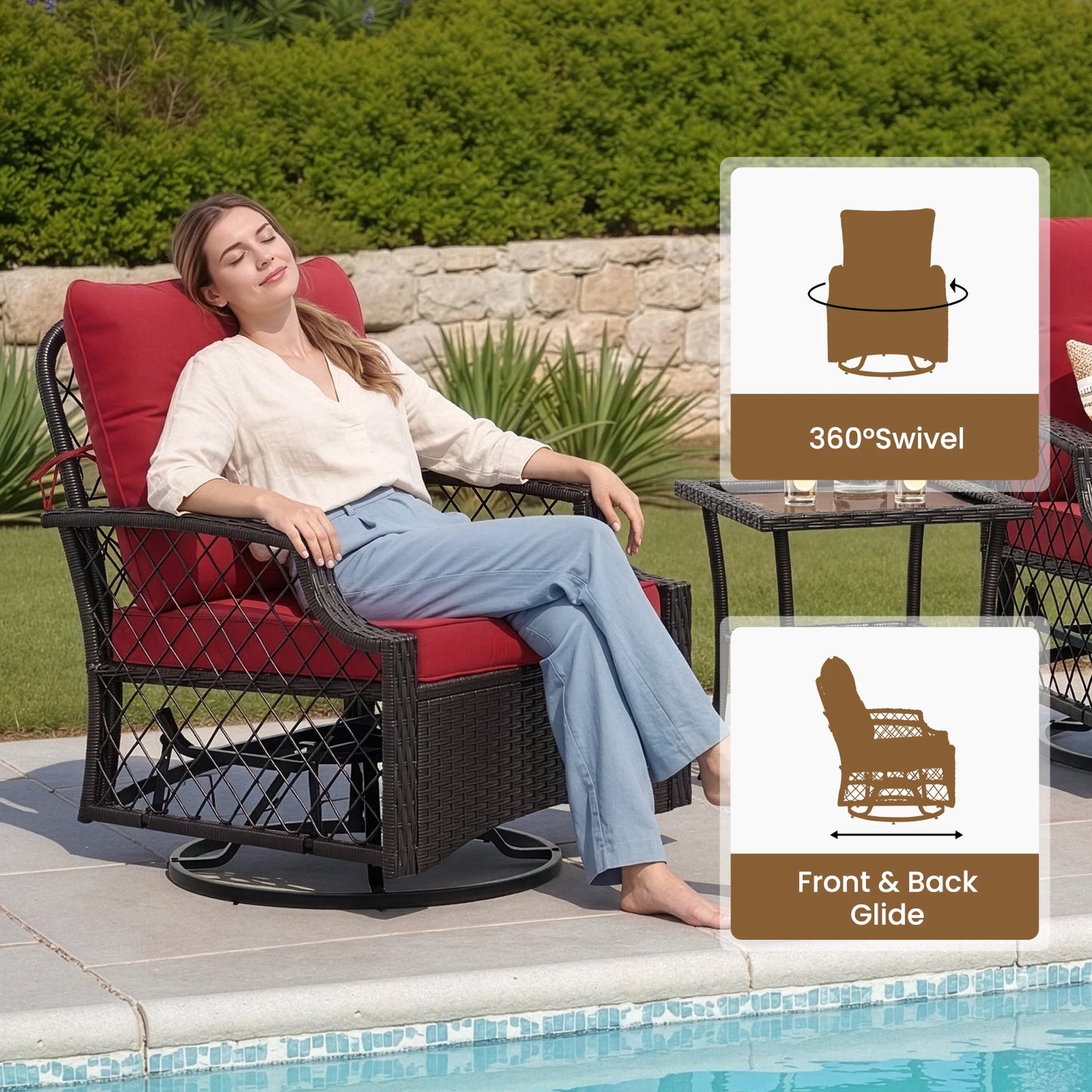 Three Piece Swivel Patio Bistro Set With Cushions Outdoor All Weather Rattan