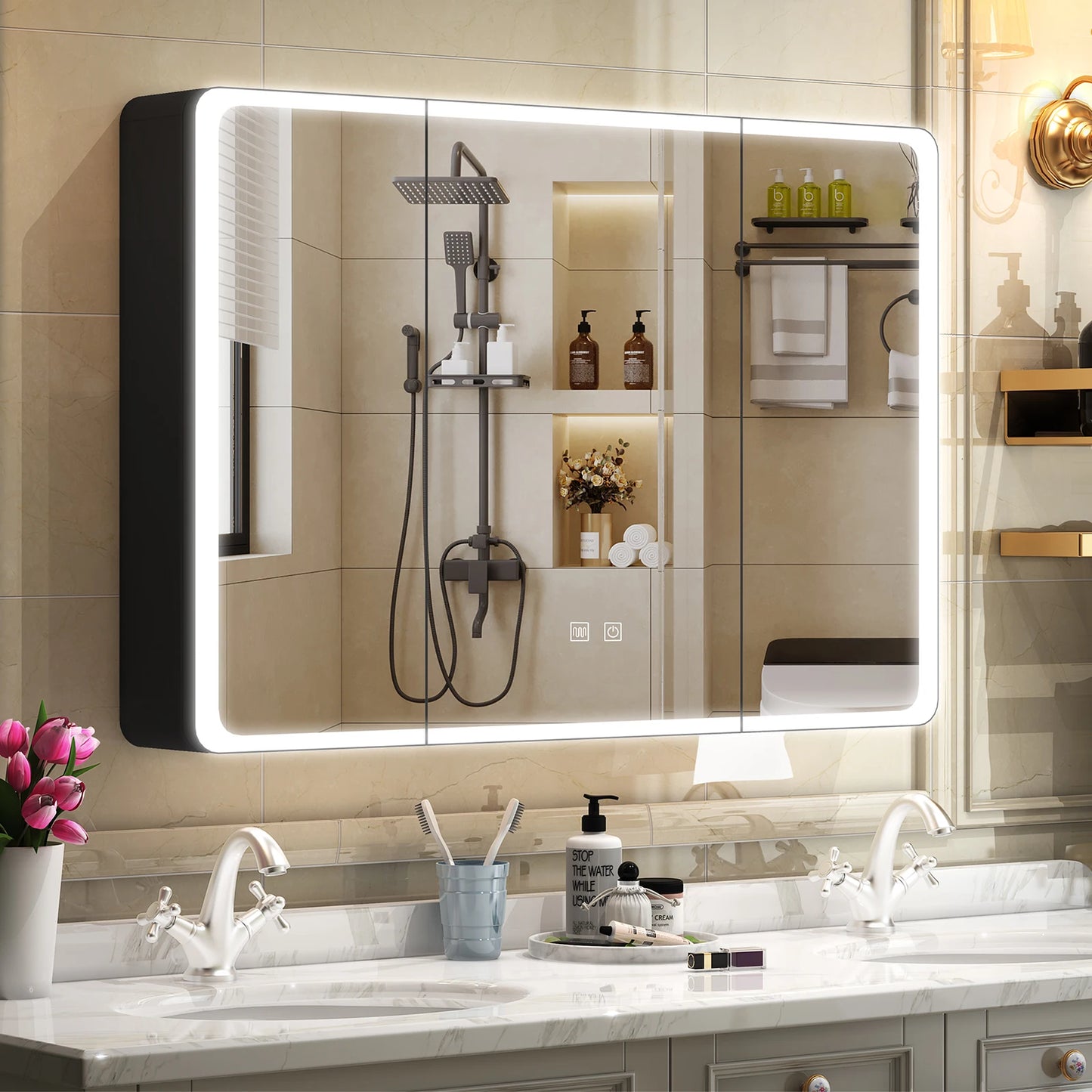 Onesaimei LED Bathroom Medicine Cabinet Mirror With Two Doors