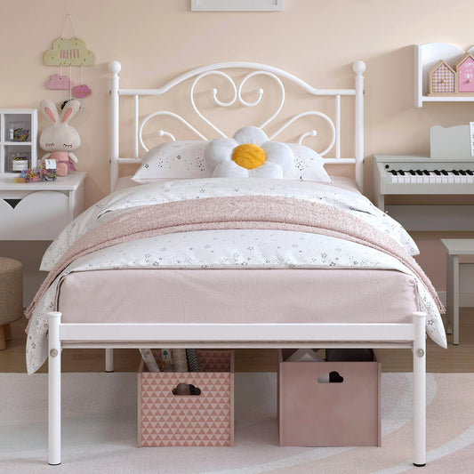 MERRONIX Heart Shaped Headboard Heavy Duty Metal Platform Bed Frame