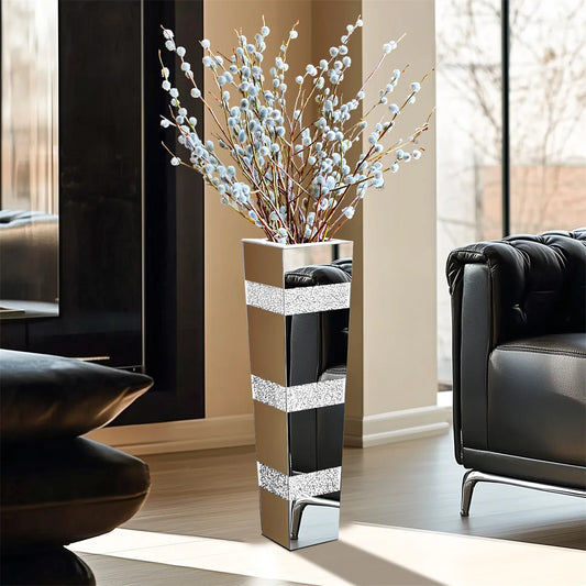 Modern Floor Vase With Crystal Mirrored Stand Flower Display