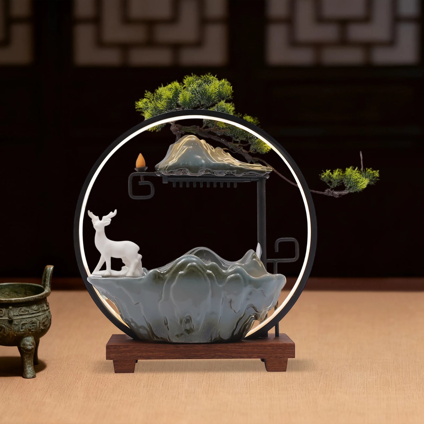Ceramic Tabletop Fountain With LED Mist Deer Figurine And Pine Branches