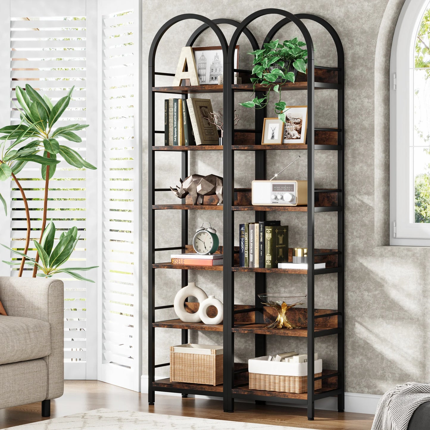 Little Tree 6-Tier Corner Arched Bookcase Freestanding Display Shelves