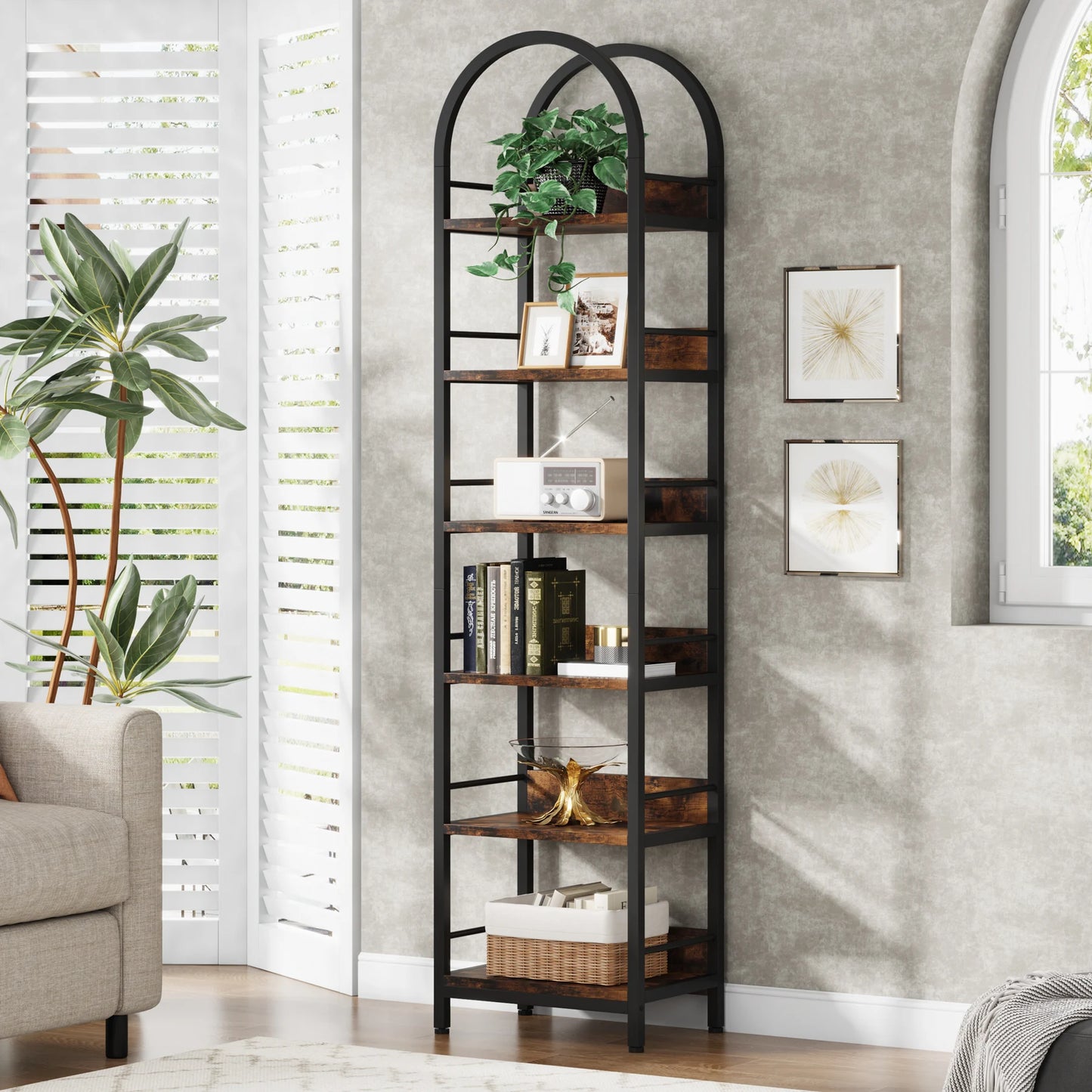 Little Tree 6-Tier Corner Arched Bookcase Freestanding Display Shelves