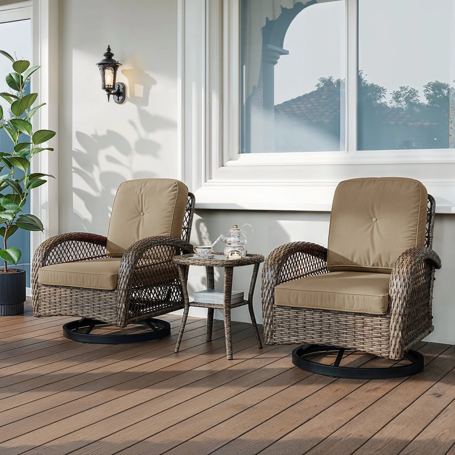 Outdoor 3 Piece Patio Bistro Set With Cushioned Rocking Chairs