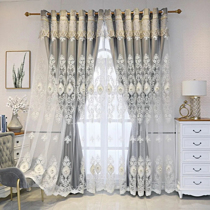Luxury Vintage Embroidered Curtains With Relief Pattern Dual Layer Privacy