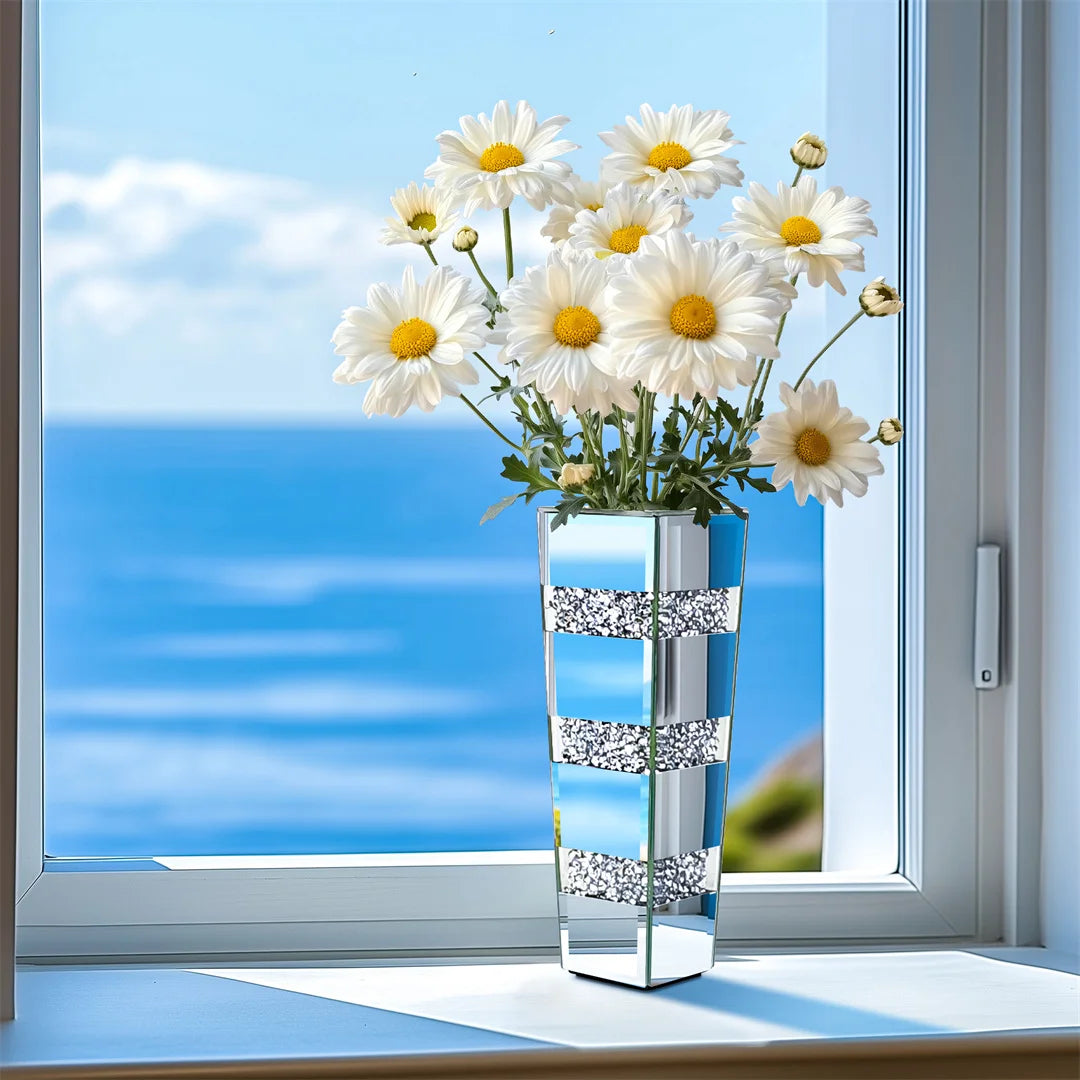 Modern Floor Vase With Crystal Mirrored Stand Flower Display