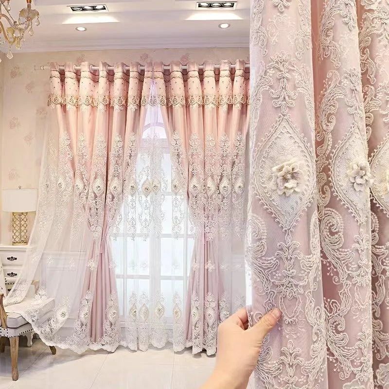 Luxury Vintage Embroidered Curtains With Relief Pattern Dual Layer Privacy