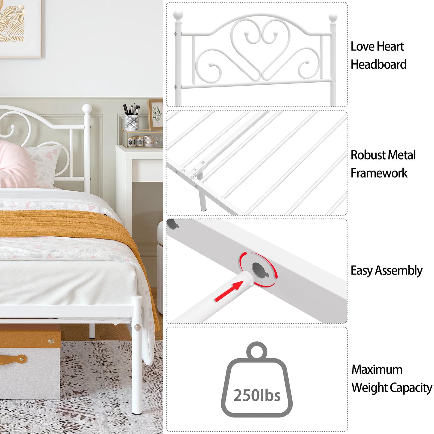 MERRONIX Heart Shaped Headboard Heavy Duty Metal Platform Bed Frame