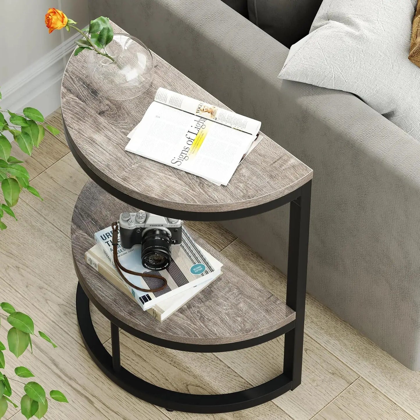Little Tree Two Tier End Table Semi Circle With Storage Shelf