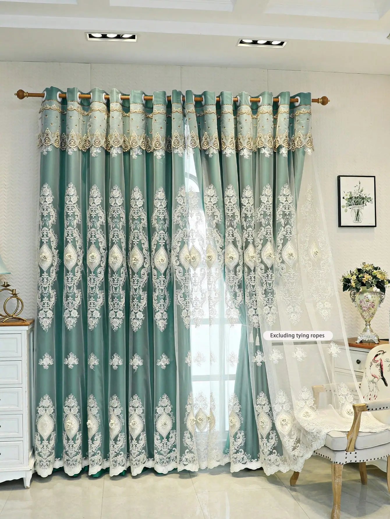 Luxury Vintage Embroidered Curtains With Relief Pattern Dual Layer Privacy