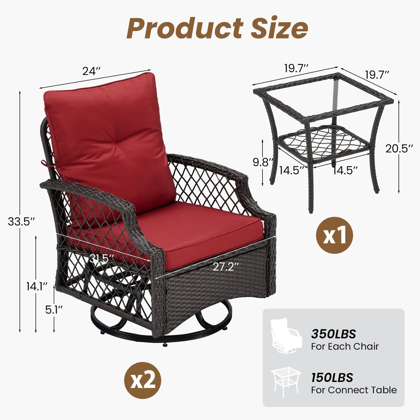 Three Piece Swivel Patio Bistro Set With Cushions Outdoor All Weather Rattan
