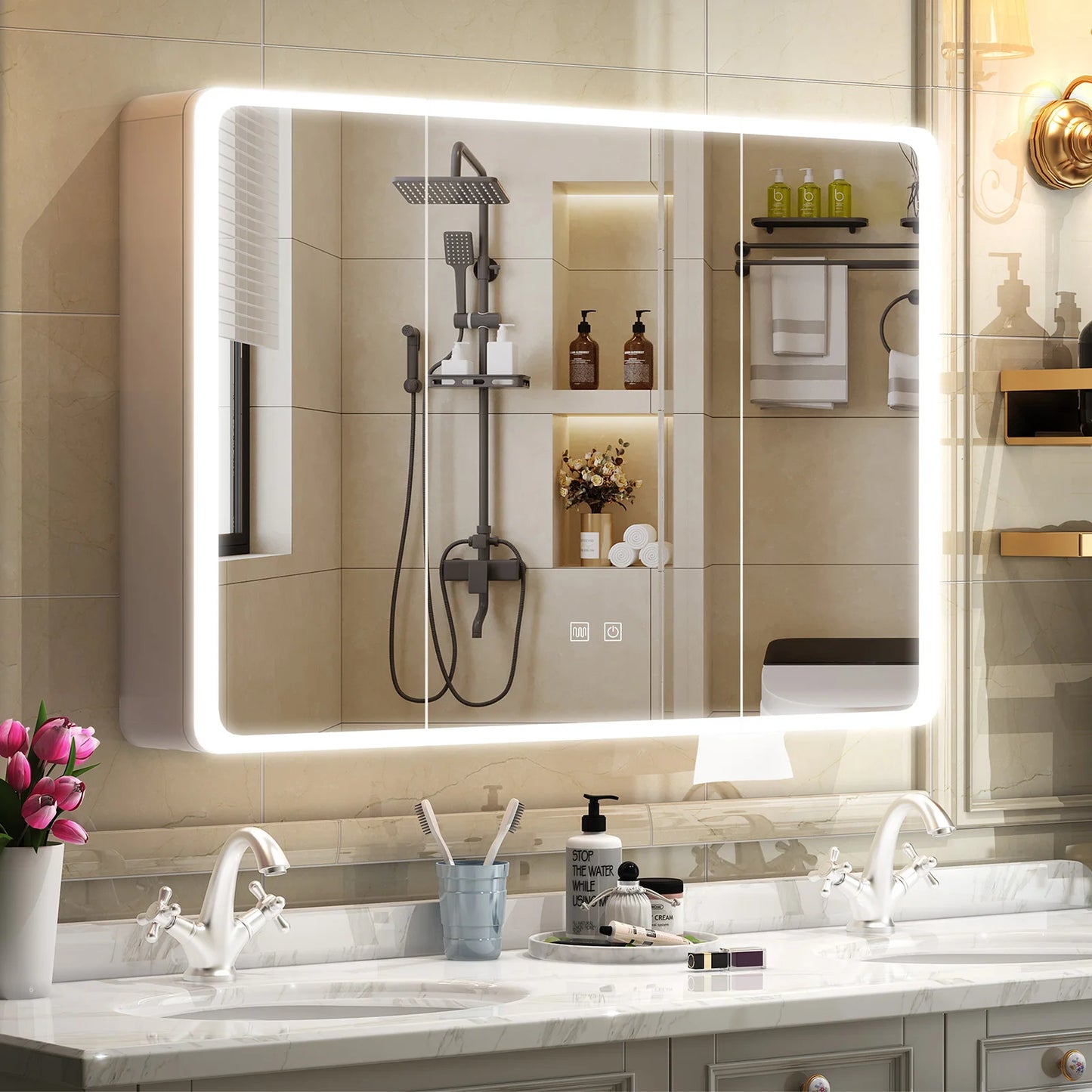 Onesaimei LED Bathroom Medicine Cabinet Mirror With Two Doors