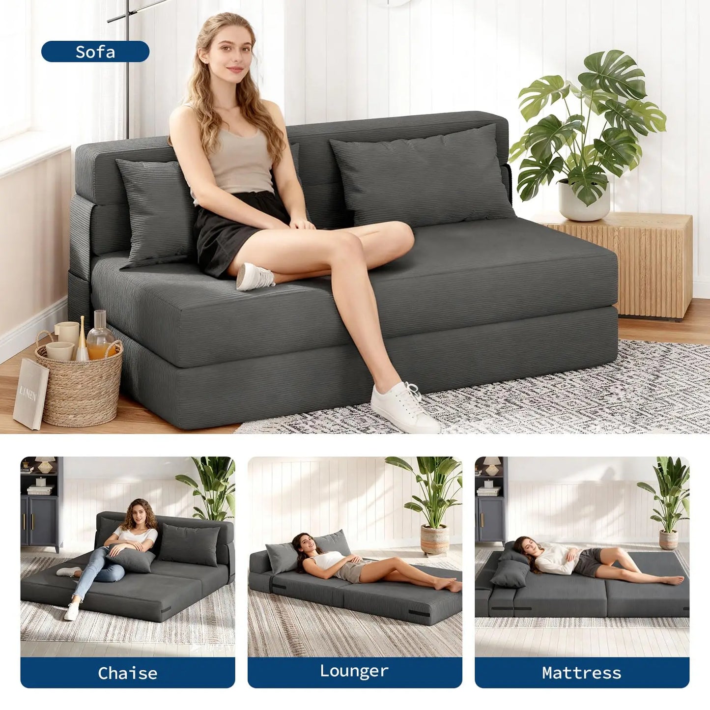 HobbyLane 4 In 1 Folding Sofa Bed Corduroy Loveseat With Pillow