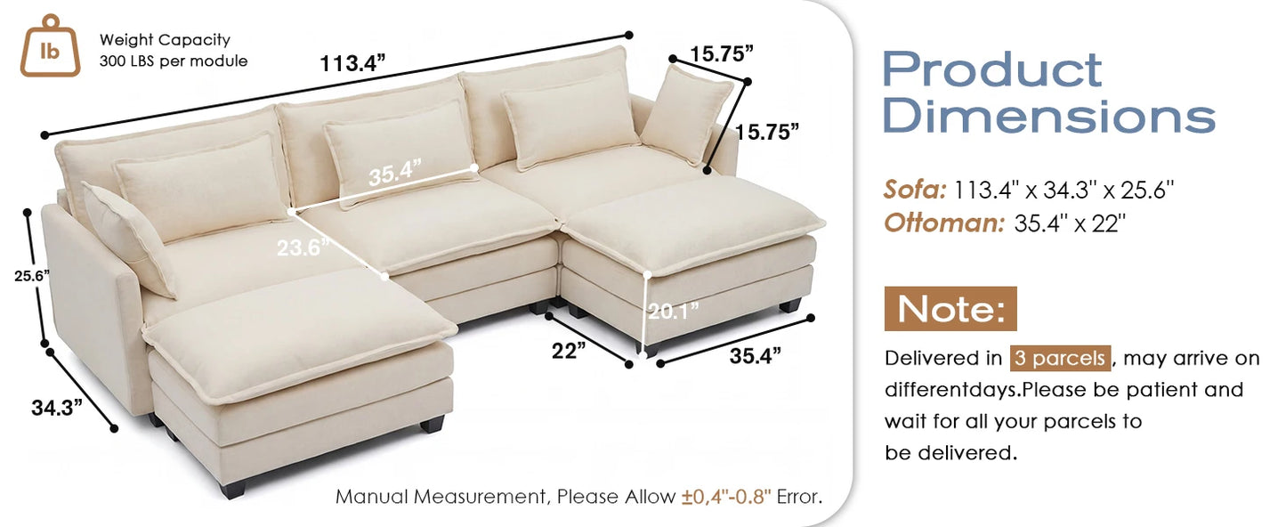 Redlife Modular Sectional Sofa With Ottoman And Solid Wood Frame