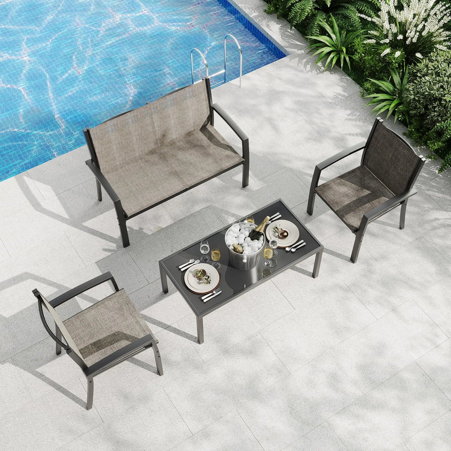 HobbyLane Modern 4 Piece Metal Patio Furniture Set Table Outdoor