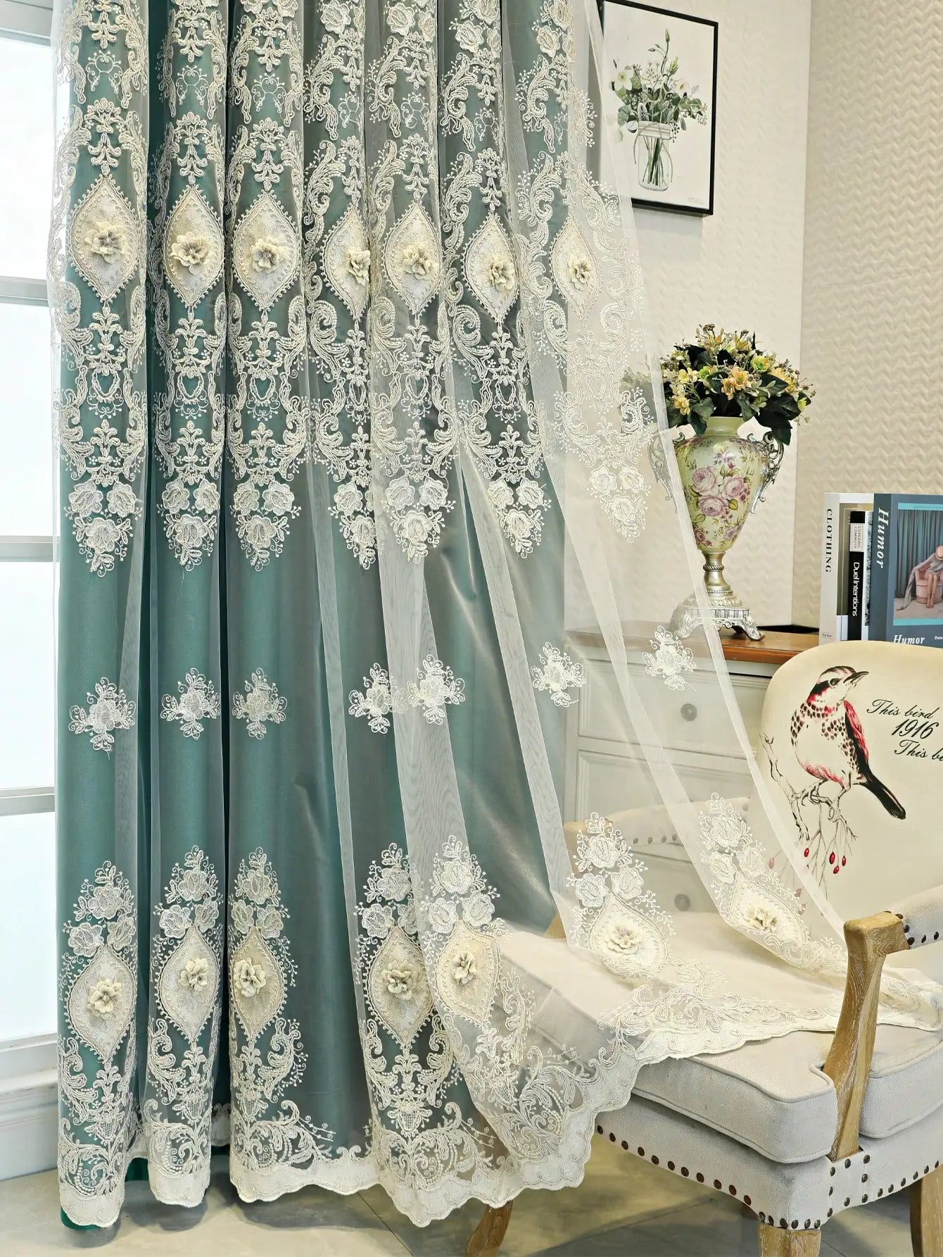 Luxury Vintage Embroidered Curtains With Relief Pattern Dual Layer Privacy