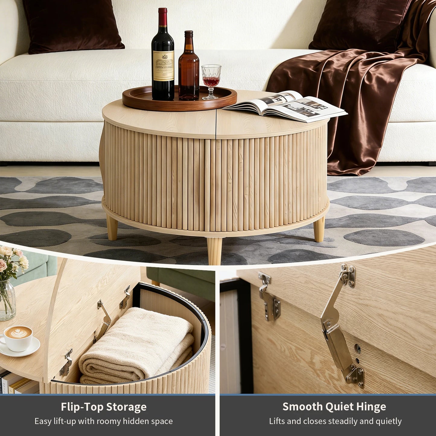 JHK Round Coffee Table With Flip Top Storage And Cabinet
