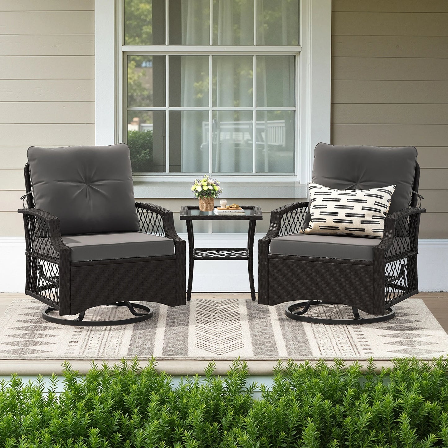 Three Piece Swivel Patio Bistro Set With Cushions Outdoor All Weather Rattan